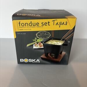 Boska Holland Tapas Cheese Fondue Set Chocolate Black Ceramic Mahogany Wood Mini